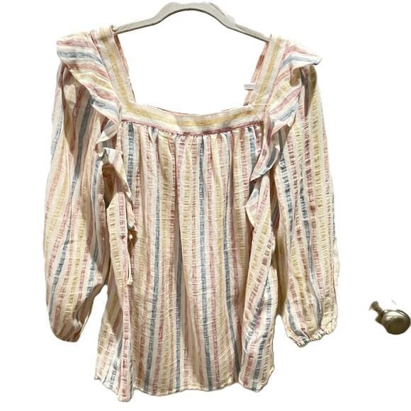 Chaps Small Ruffle Front Blouse Stripe Long Sleeve Square Neck Cotton Blend - Picture 2 of 10